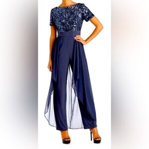 R & M Richards Dark Gray High Low Sequin Jumpsuit - size 14